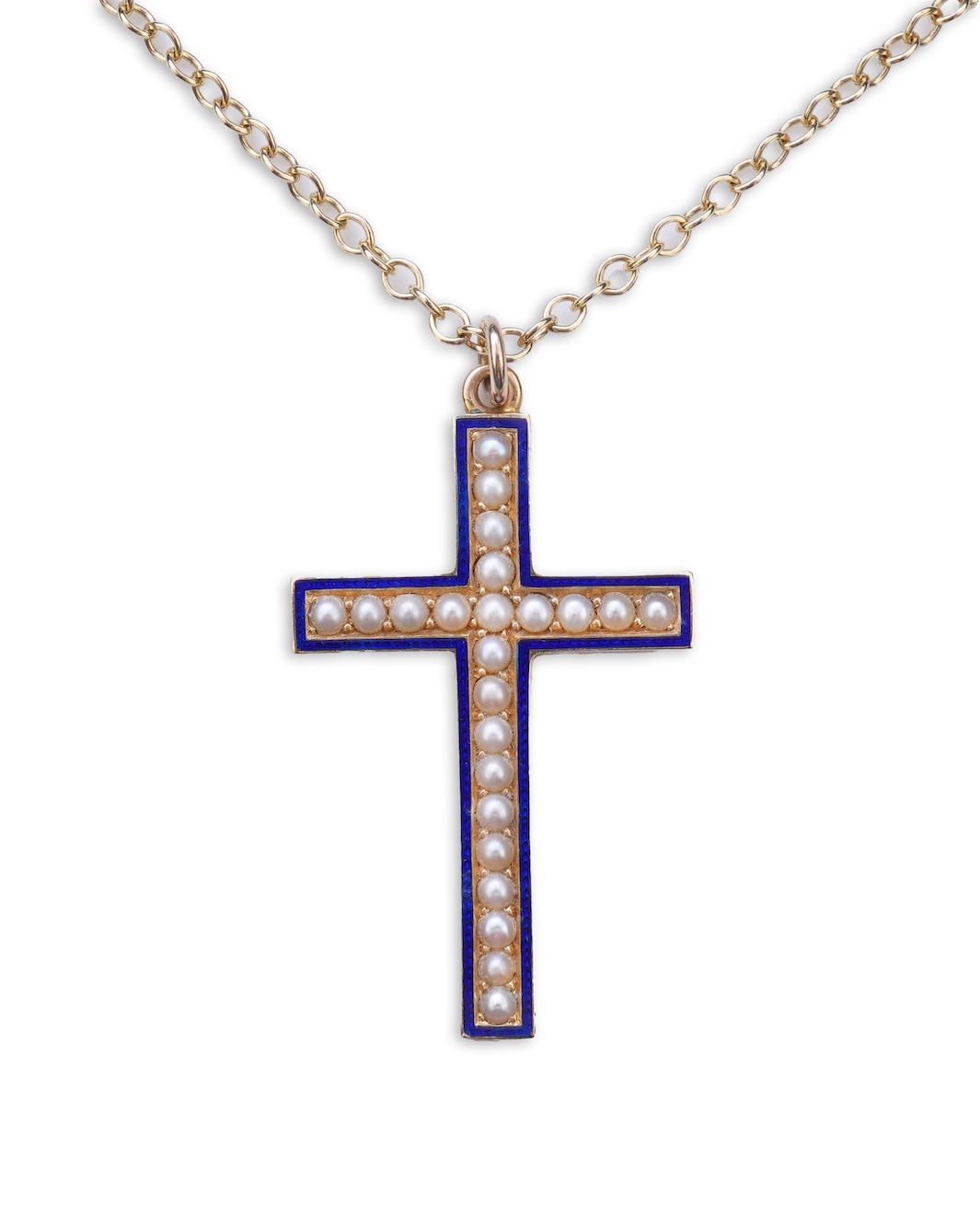 An Edwardian pearl and enamel cross and chain, early 20th century